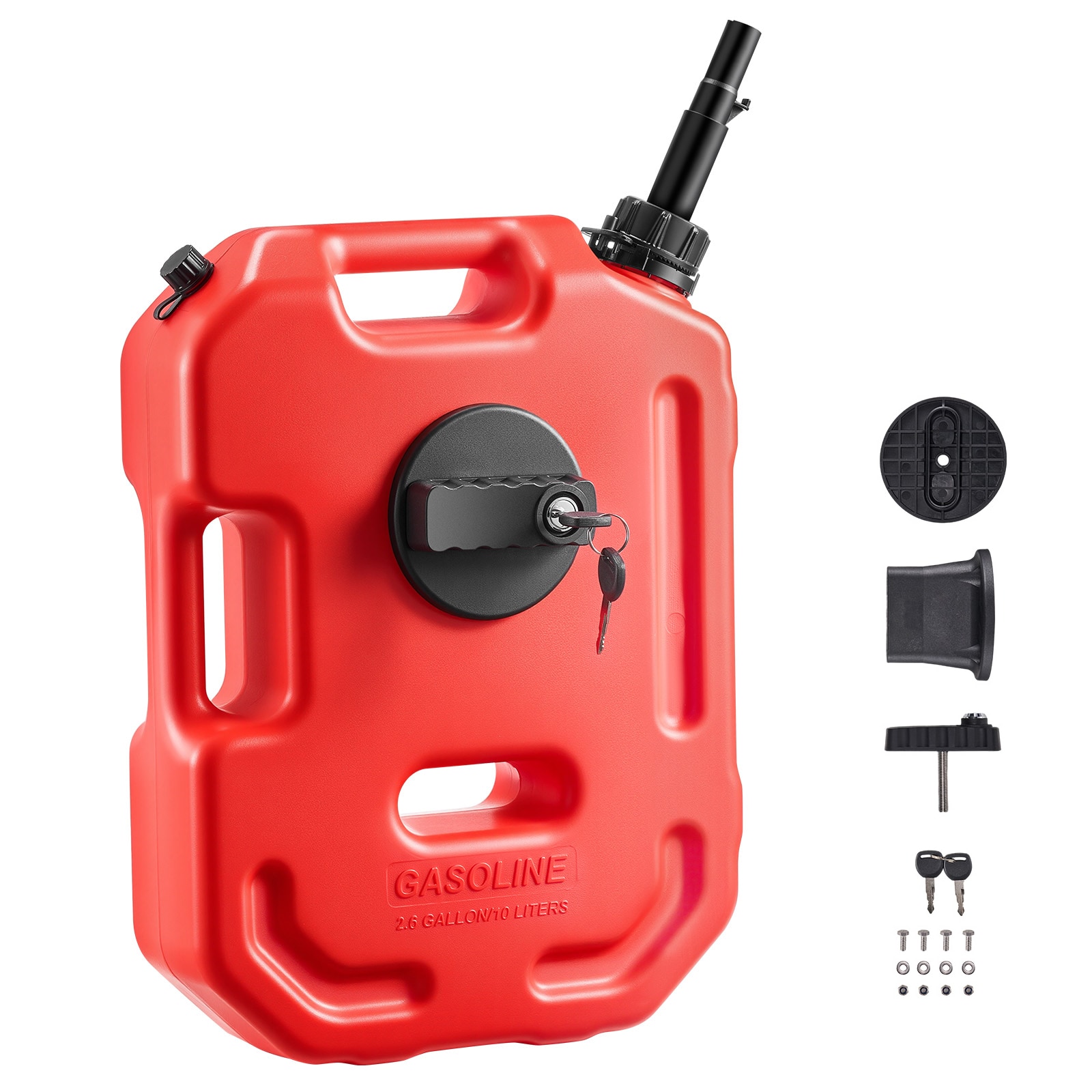 Fuel Container, 2.6 Gallon, Gas Can with Spout and Lockable Bracket, 15 L/min Max Flow Rate, Secure & Leak-proof, Portable Flat Fluid Container for Most Cars Motorcycle ATV UTV, Red